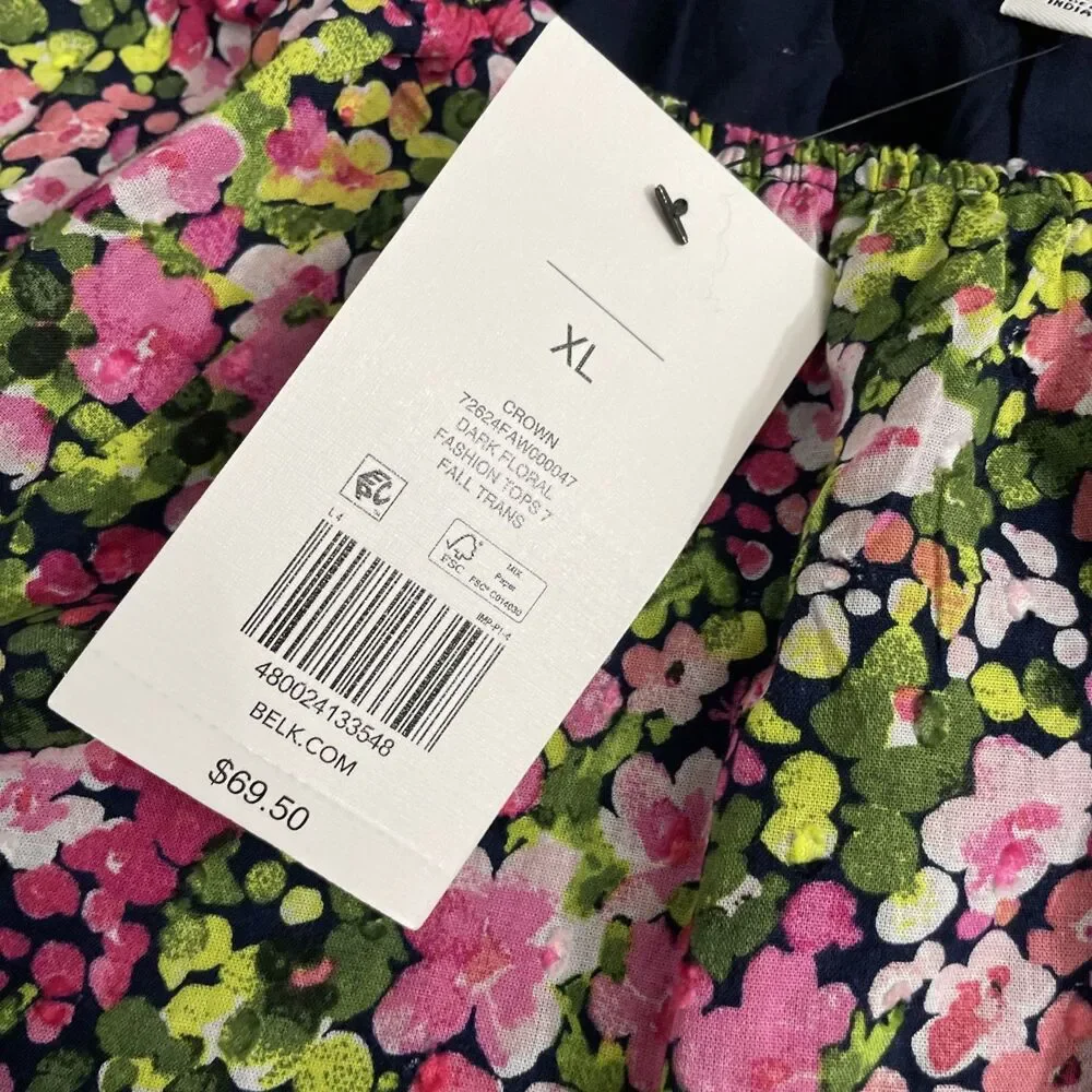 Crown & Ivy Women’s Floral Cotton Blouse XL Balloon Sleeve Multicolor Cropped
